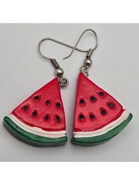 ✨2/$10✨ Handpainted Wood Watermelon Slice Dangle Earrings 2" Cute
